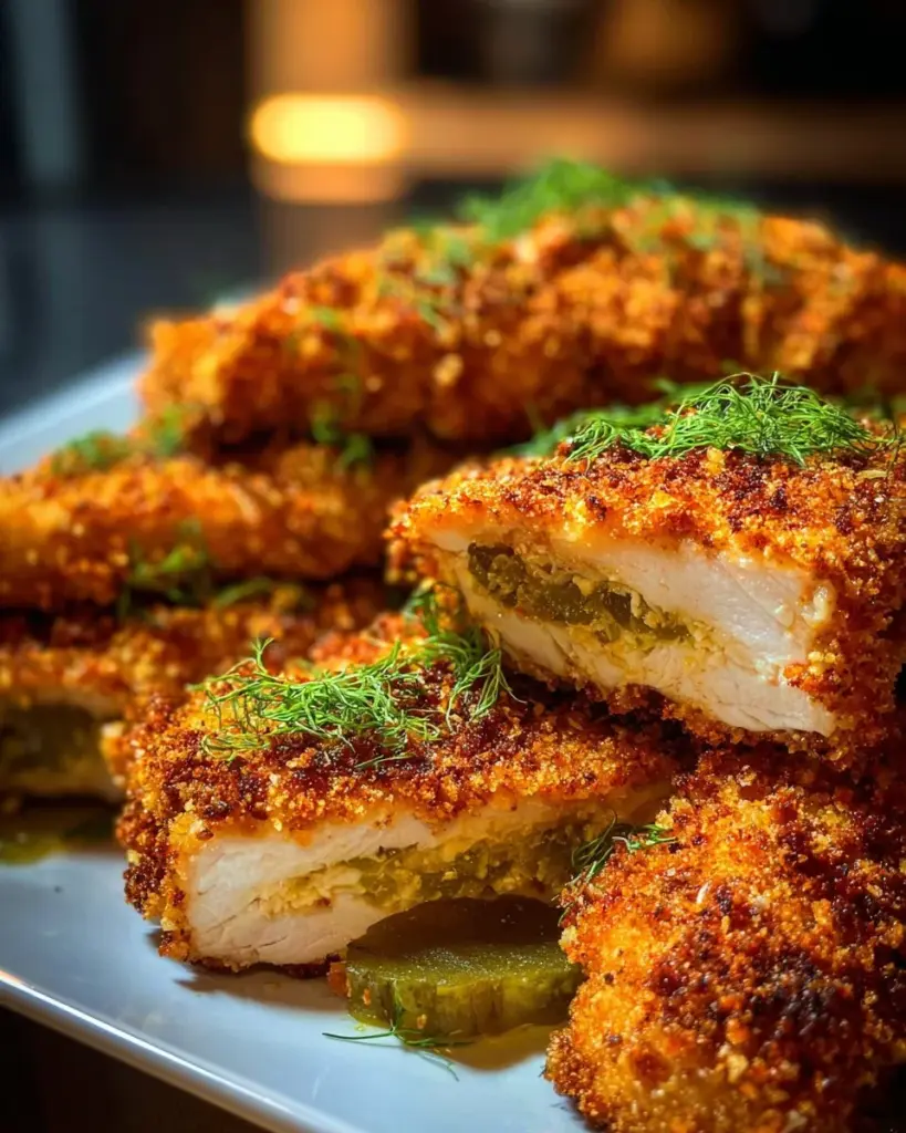 Dillgurken-Parmesan-Hühnchen auf einem Teller serviert