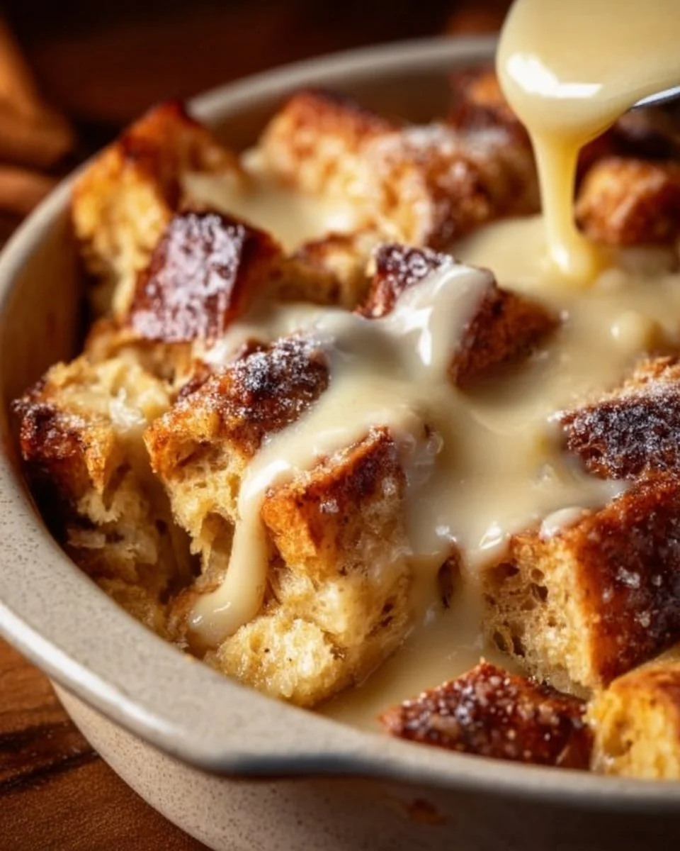Einfache Brotpudding mit Vanillesoße