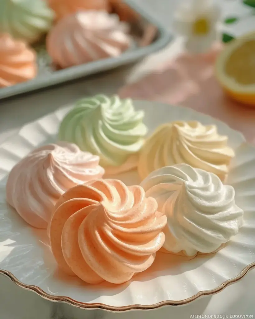Einfache Jello-Meringue-Kekse auf einem dekorativen Teller
