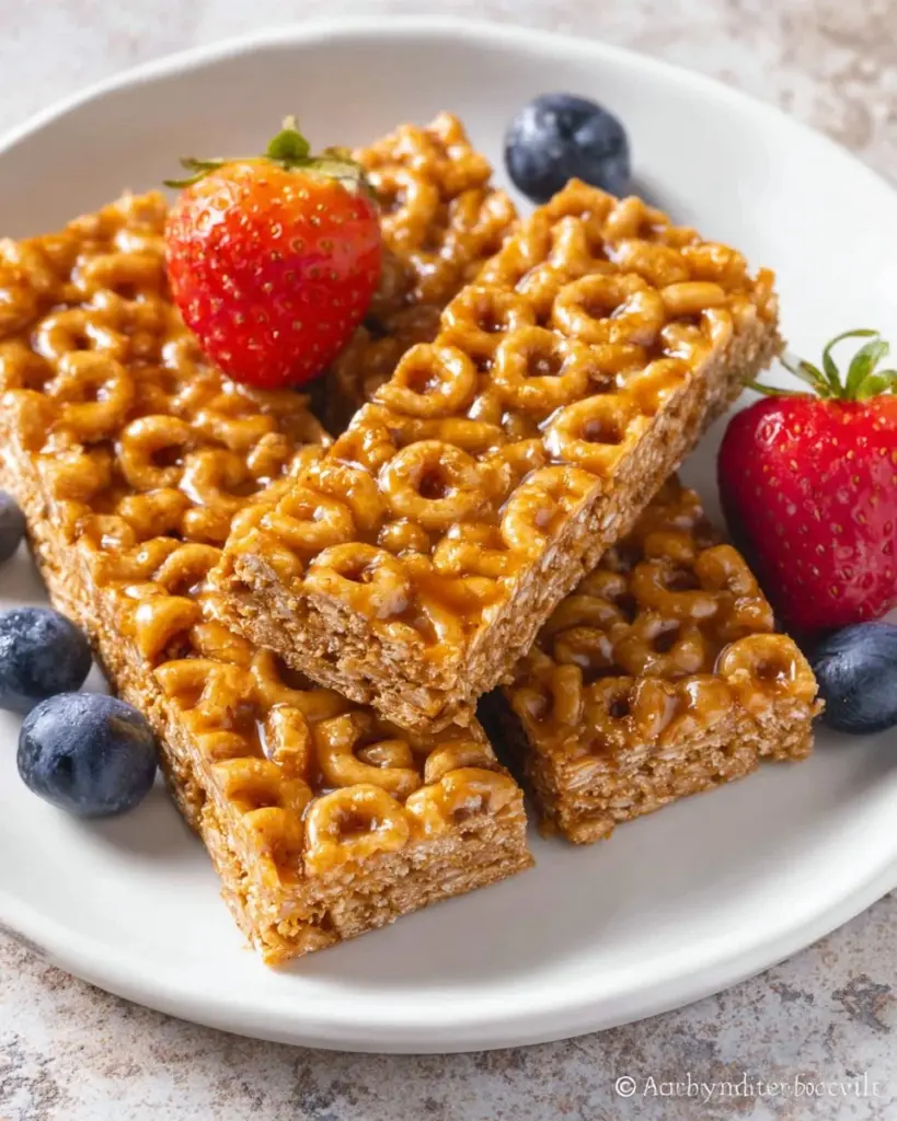 Einfache No-Bake-Cereal-Riegel auf einem Teller, ideal für gesunde Snacks.