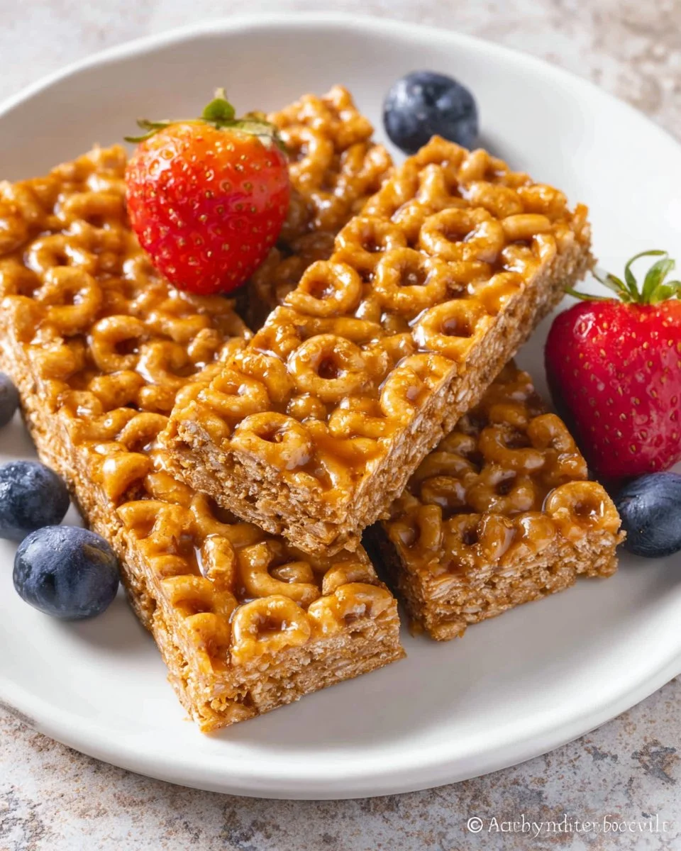 Einfache No-Bake-Cereal-Riegel auf einem Teller, ideal für gesunde Snacks.