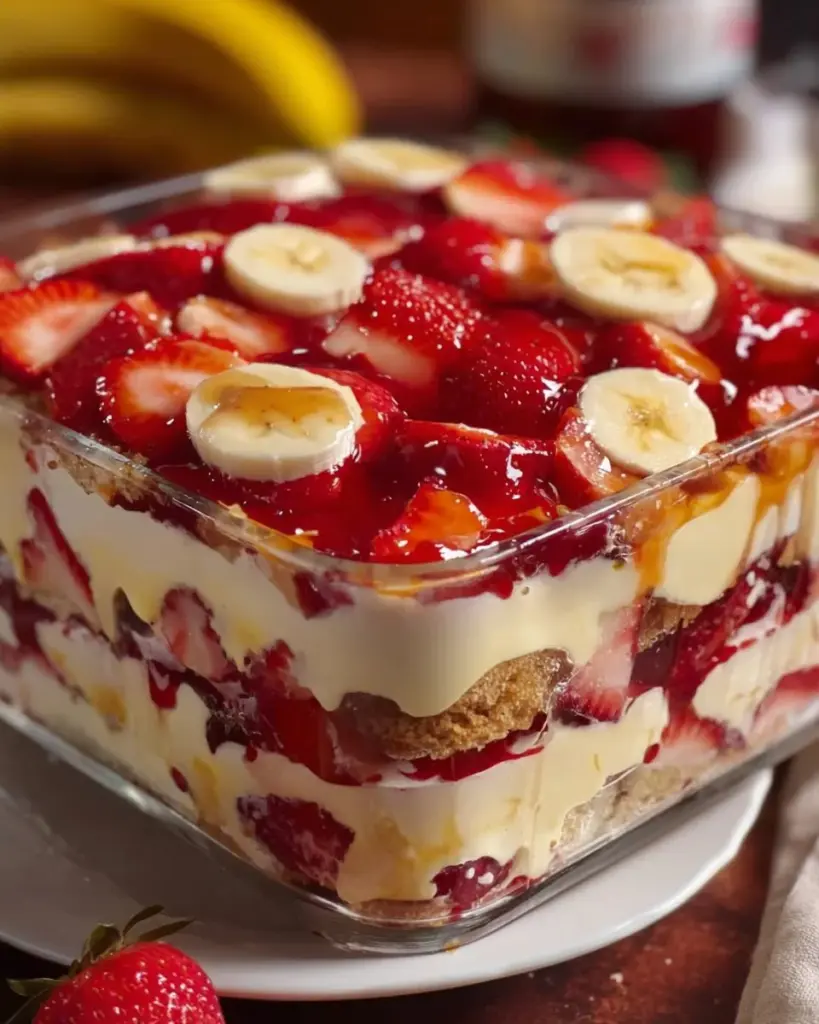 Schüssel mit köstlichem Erdbeer-Bananen-Pudding-Traum, ideal für Dessertliebhaber
