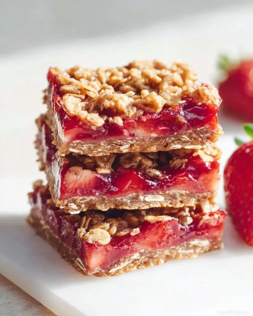 Erdbeer-Haferflocken-Riegel auf einem Teller mit frischen Erdbeeren