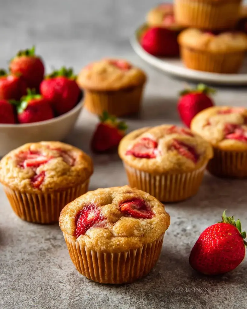 Leckere Erdbeer-Muffins mit frischen Erdbeeren auf einem Tisch.