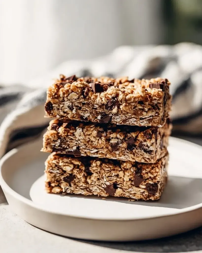 Erdnussbutter-Granola-Riegel auf einem Holzbrett mit Nüssen und Trockenfrüchten