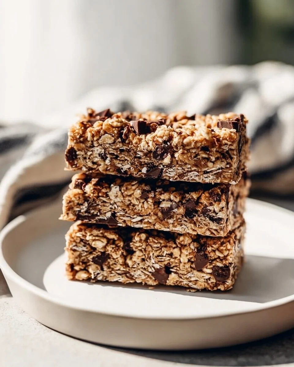Erdnussbutter-Granola-Riegel auf einem Holzbrett mit Nüssen und Trockenfrüchten