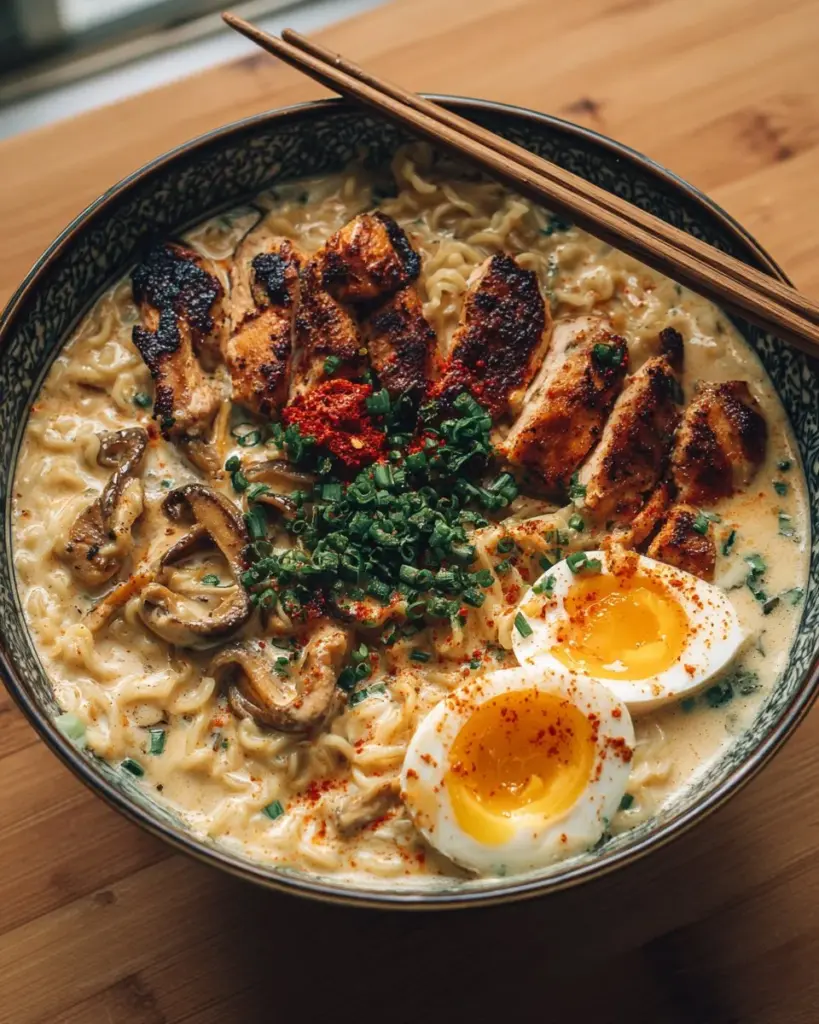 Feurige Hähnchen-Ramen mit cremiger Knoblauchsauce in einer Schüssel