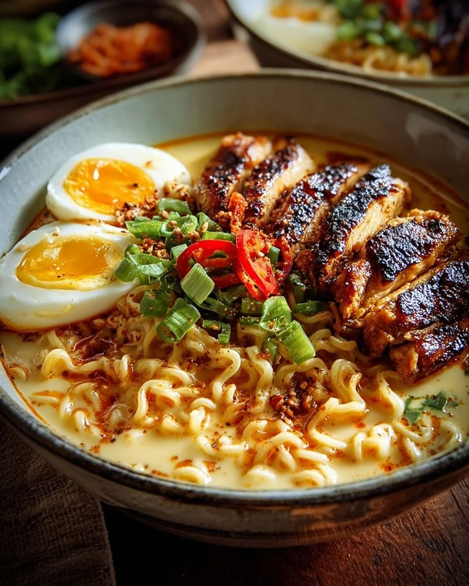 Feurige Hähnchenramen mit cremiger Knoblauchsauce