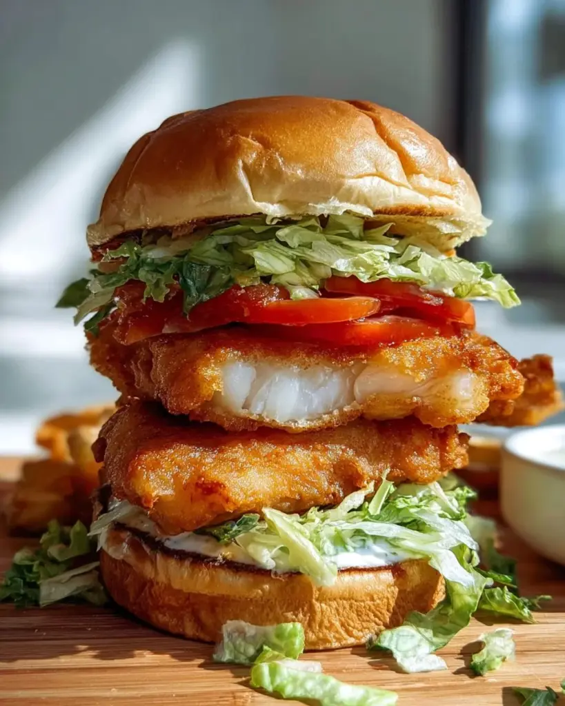 Leckerer Fischburger auf einem Teller mit frischem Gemüse