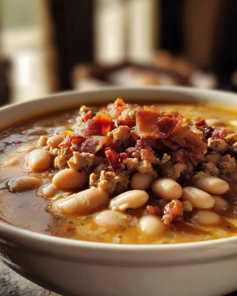 Teller mit köstlichen Frijoles Puercos mit Gewürzen serviert.