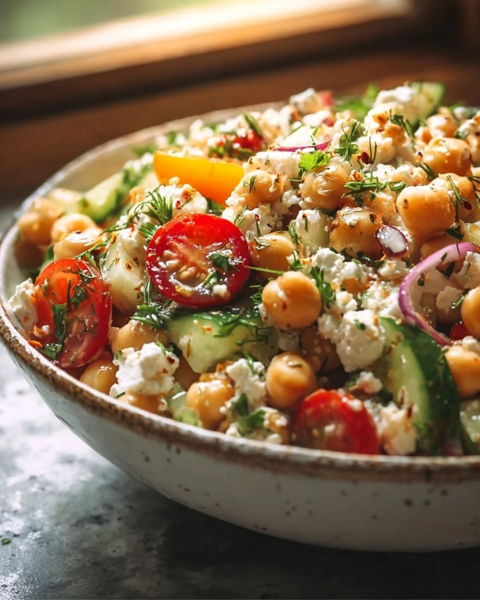 Frischer und gesunder Hüttenkäse-Kichererbsensalat