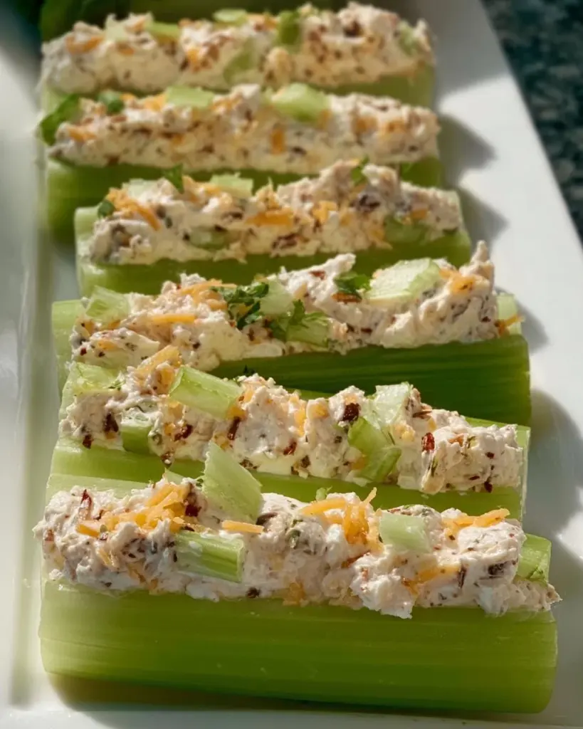 Frischkäse gefüllter Sellerie als gesunder Snack