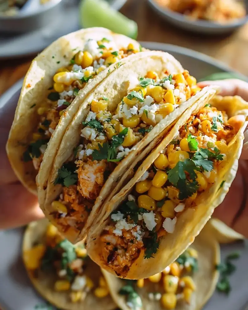 Frittierte Hühnchen-Straßenmais-Tacos auf einem Teller garniert mit frischen Zutaten.