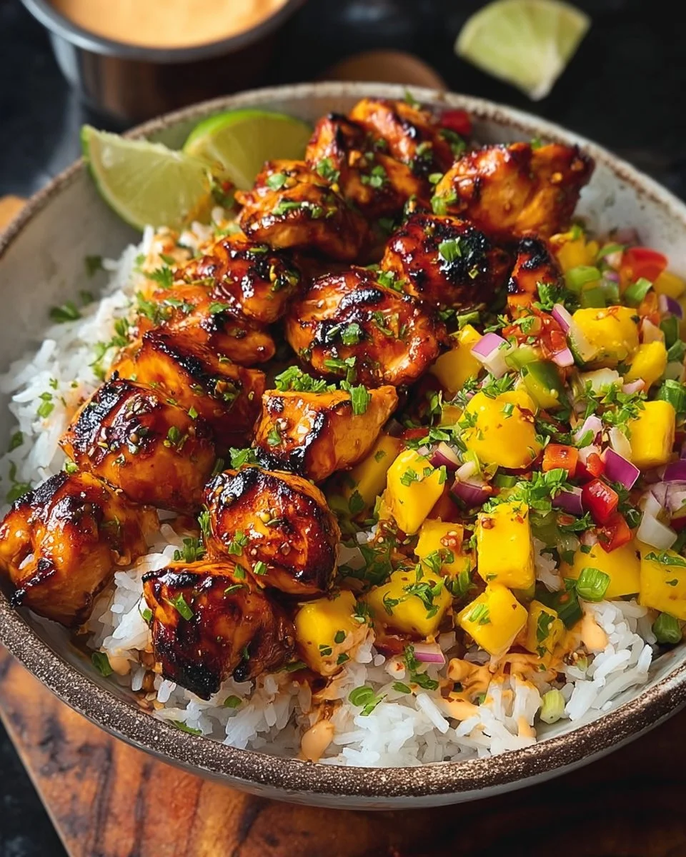 Gegrillte Ahorn-Sriracha-Hühnchenstücke mit Kokosreis & Mango-Avocado-Salsa-Bowl mit Chili-Mayonnaise
