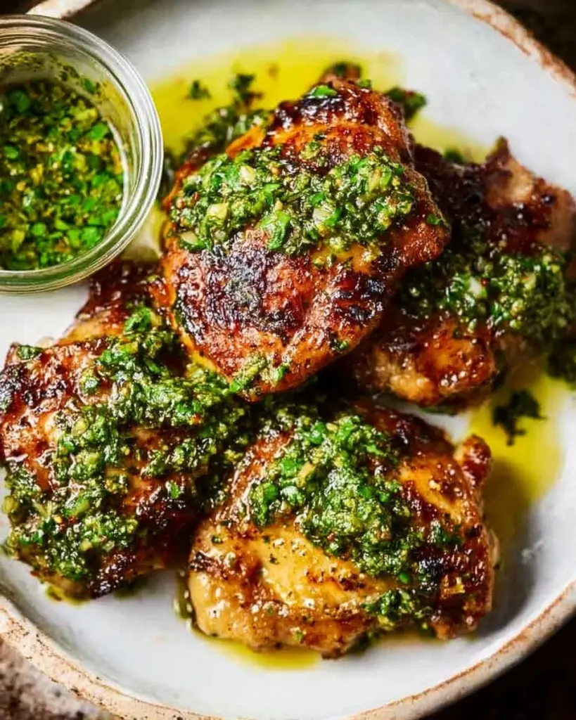 Gegrillte Chimichurri-Hähnchenschenkel auf dem Grill serviert