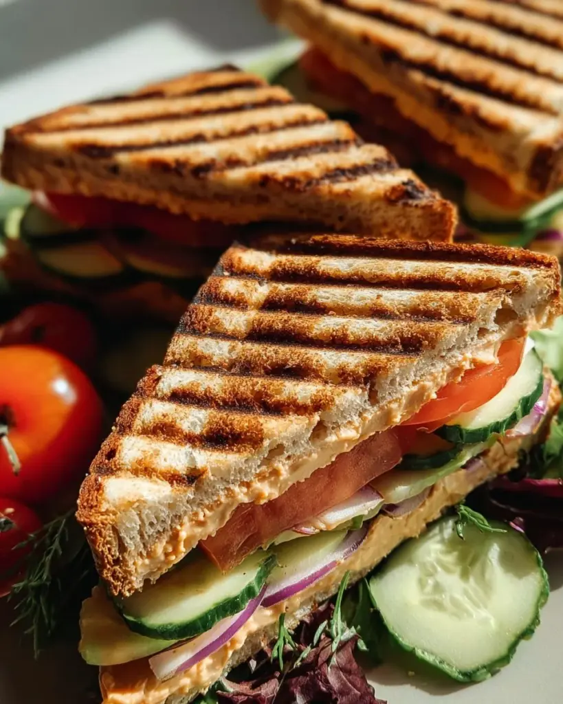 Gegrillte Halloumi-Sandwiches mit frischen Zutaten auf einem Teller