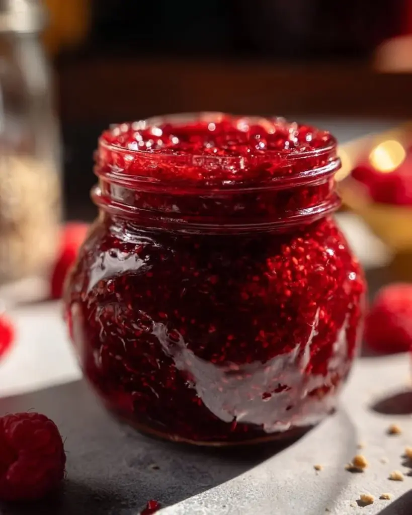Gläser mit gesunder Honig-Himbeer-Marmelade auf einem Holztisch