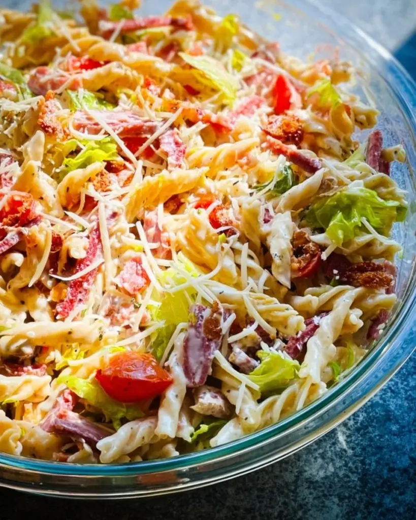 Ein bunter Teller mit Grinder-Pastasalat, ideal für Sommergerichte.