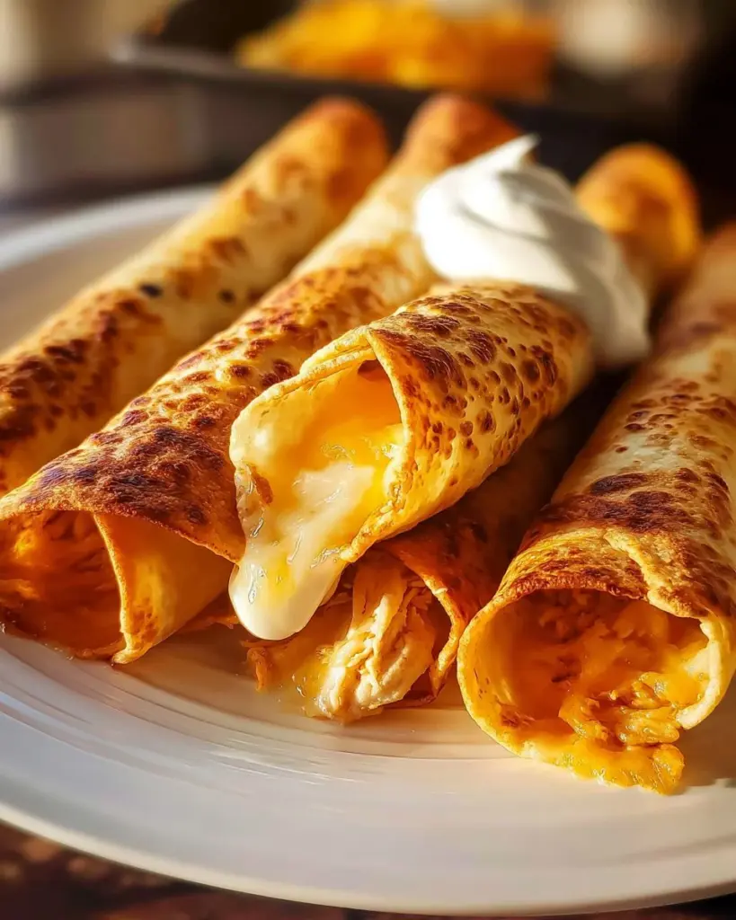 Leckere goldbraune Hähnchen-Taquitos mit Salsa und Avocado.