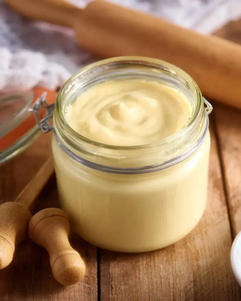Hausgemachter Vanillepudding in einer Schüssel, dekoriert mit Vanilleschote und Minze