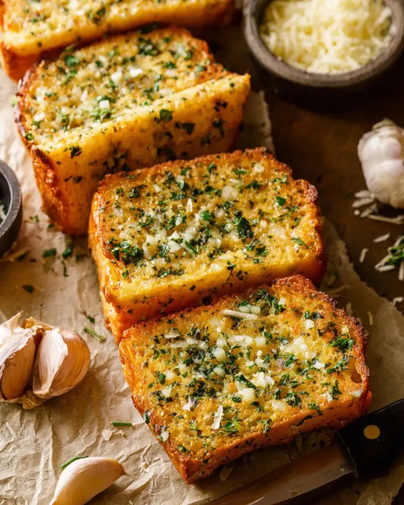 Hausgemachtes Knoblauchbrot mit frischem Knoblauch und Kräutern auf einem Holzbrett.