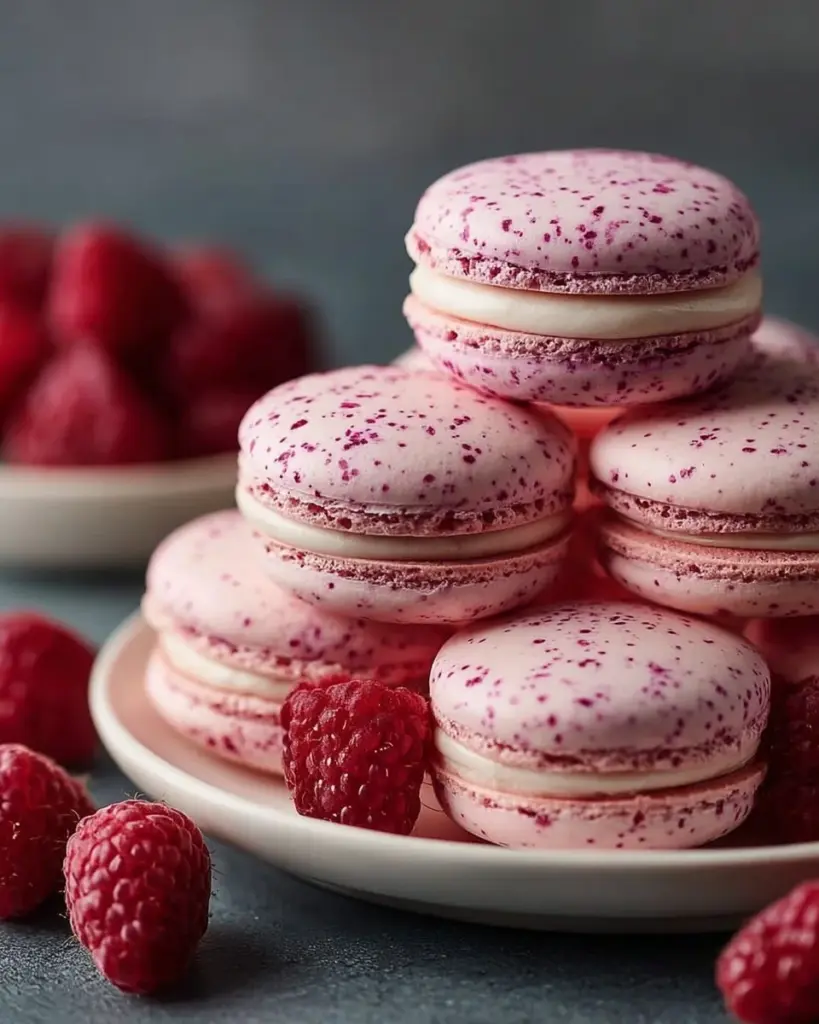 Himbeer-Macarons auf einem schönen Teller