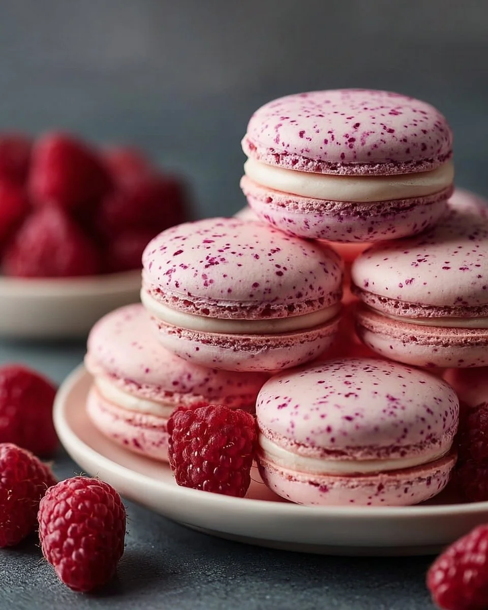 Himbeer-Macarons auf einem schönen Teller
