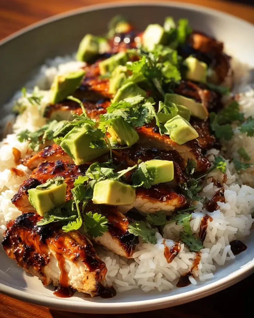 Honig-Limetten-Hühnchen serviert mit cremigem Avocado-Reis