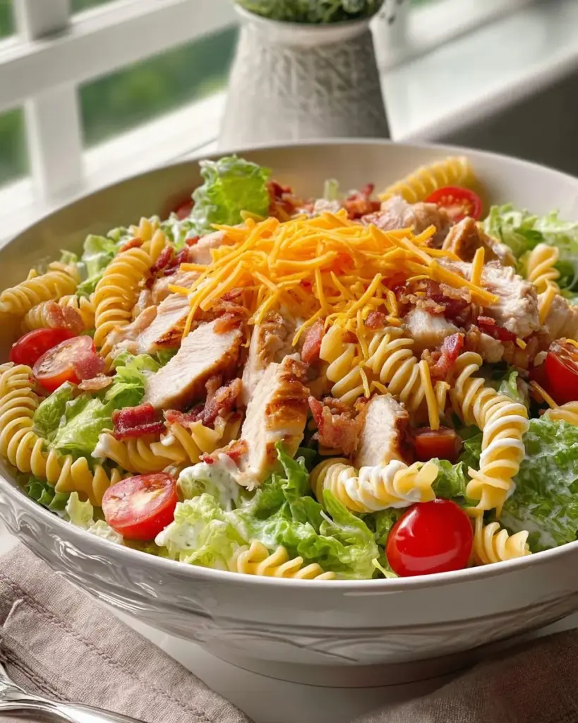 Leckerer Hühnchen-Pasta-Salat serviert mit frischen Zutaten und Dressing.