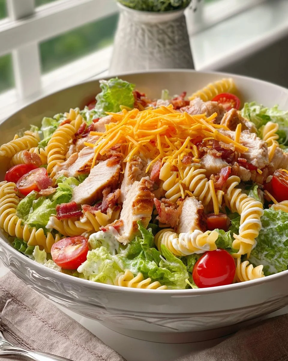 Leckerer Hühnchen-Pasta-Salat serviert mit frischen Zutaten und Dressing.