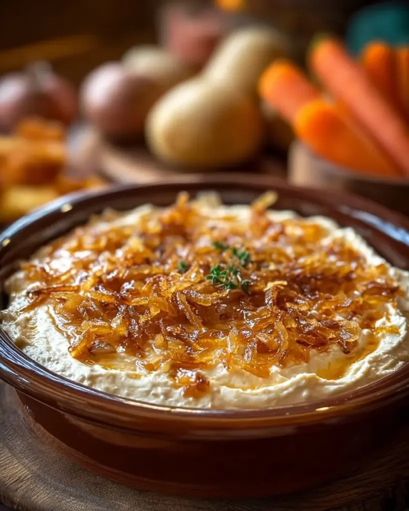 Karamellisierter Zwiebel-Dip in einer Schüssel mit frischem Baguette