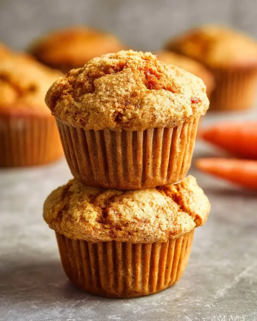Karottenmuffins auf einem Holzbrett, frisch gebacken und dekoriert