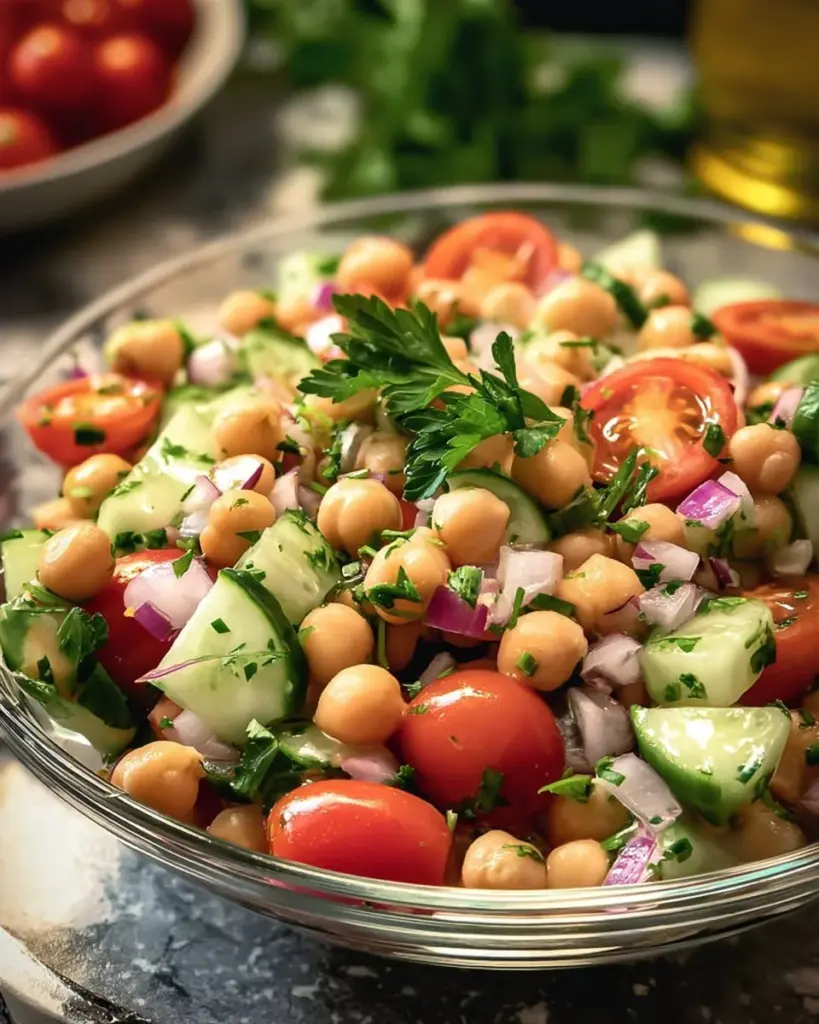 Kichererbsensalat mit frischem Gemüse und Kräutern serviert