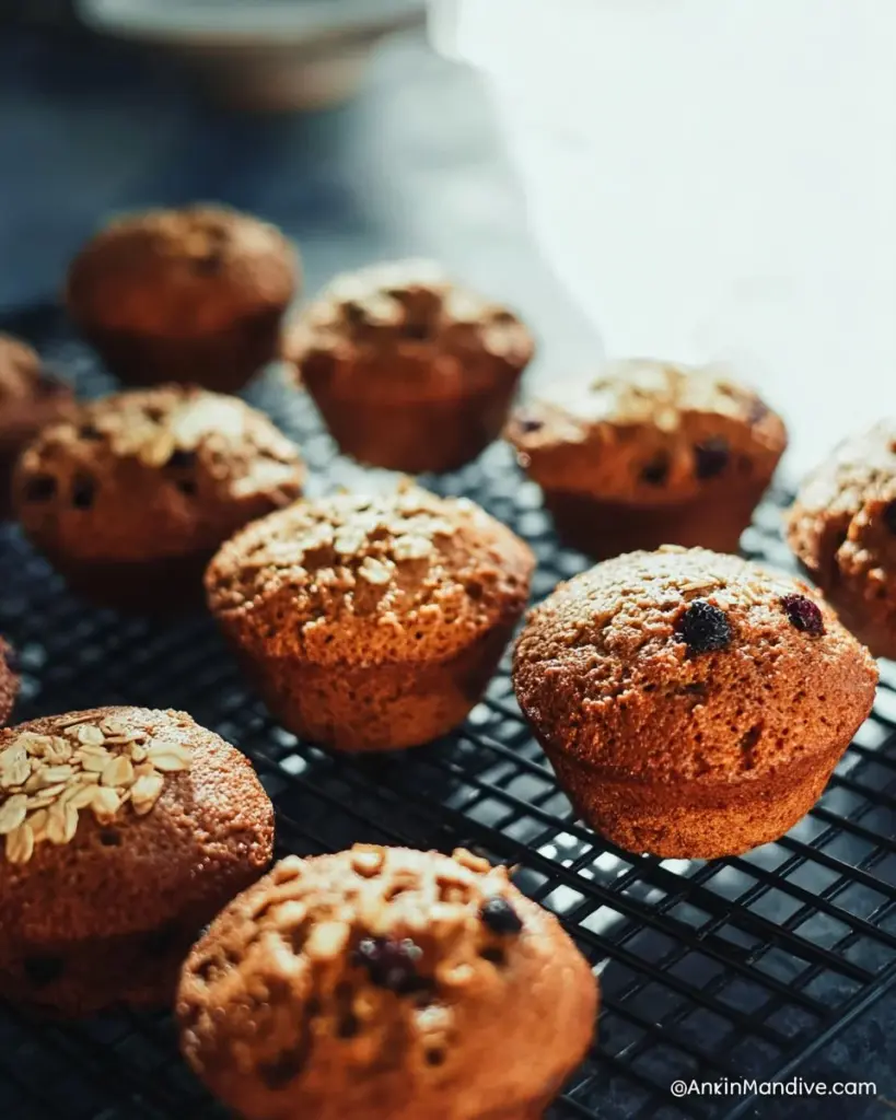 Klassische Rosinen-Bran-Muffins auf einem Holzbrett serviert.