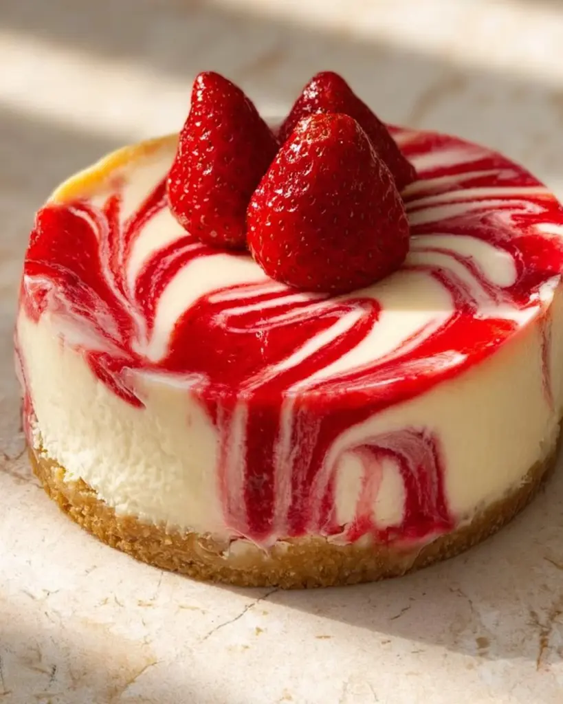 Klassischer Erdbeer-Swirled Käsekuchen mit frischen Erdbeeren auf einem Teller