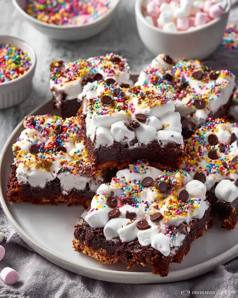 Leckere Marshmallow Streusel Kuchen Riegel auf einem Teller
