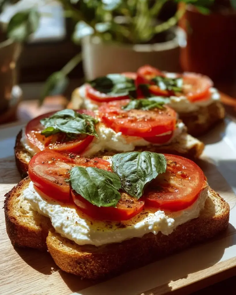 Ricotta-Tomaten-Sauerteigtoast mit frischen Zutaten auf einem Holzbrett angerichtet