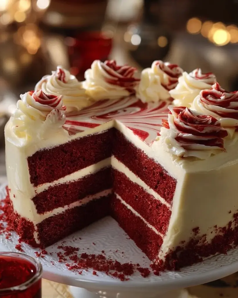 Rote Samt-Käsekuchen mit cremiger Käsekuchenfüllung und Schokoladenwirbel