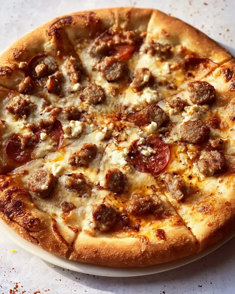 Scharfe Wurst-Feta-Honig-Pizza mit frischen Zutaten und verlockendem Belag