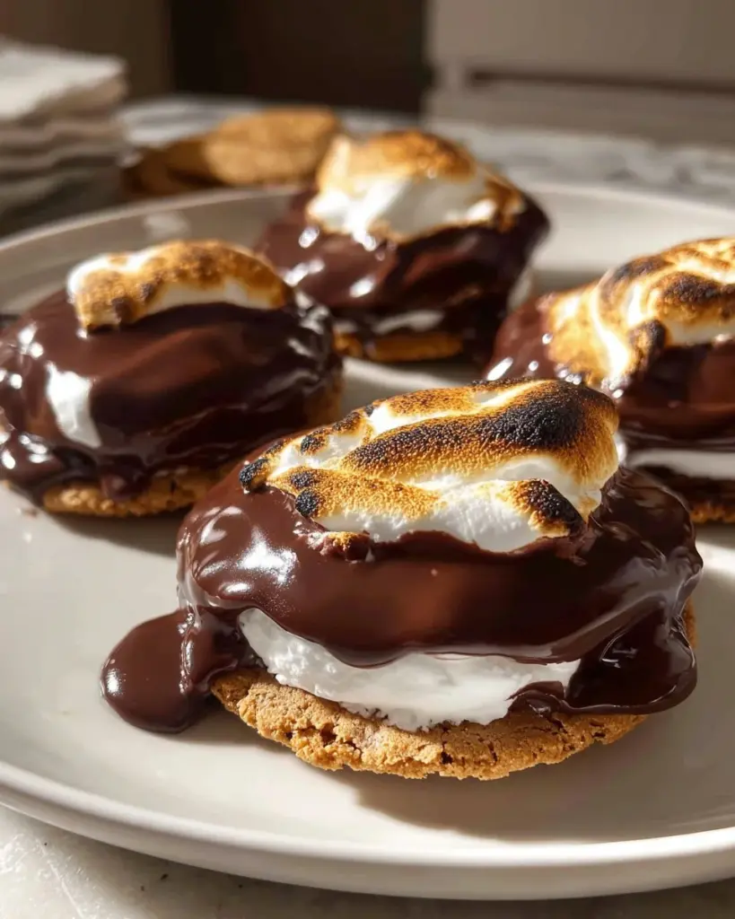 Schokoladengetunkte S’mores lecker und verführerisch zubereitet