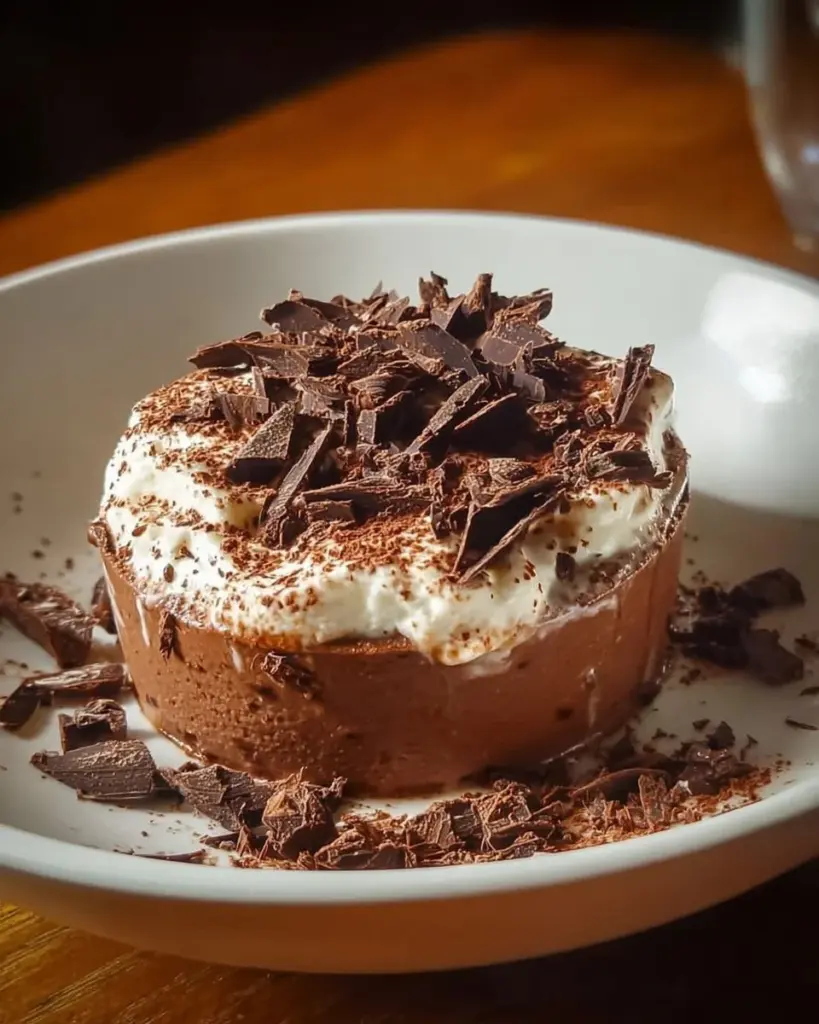 Delikate Schokoladenmousse in einer elegant behälter präsentiert, mit Schokoladenspänen dekoriert.