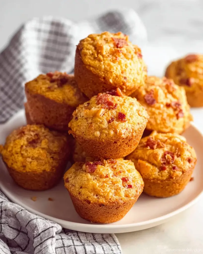 Leckere Speck Käse Muffin Brötchen auf einem Holzbrett serviert