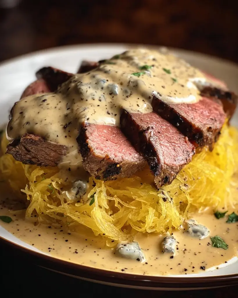 Steak Gorgonzola Alfredo serviert auf Spaghetti-Kürbis mit einer cremigen Sauce