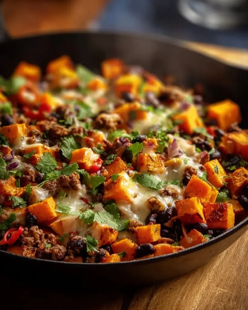 Tex-Mex Süßkartoffel-Hash mit Rinderhackfleisch auf einem Teller