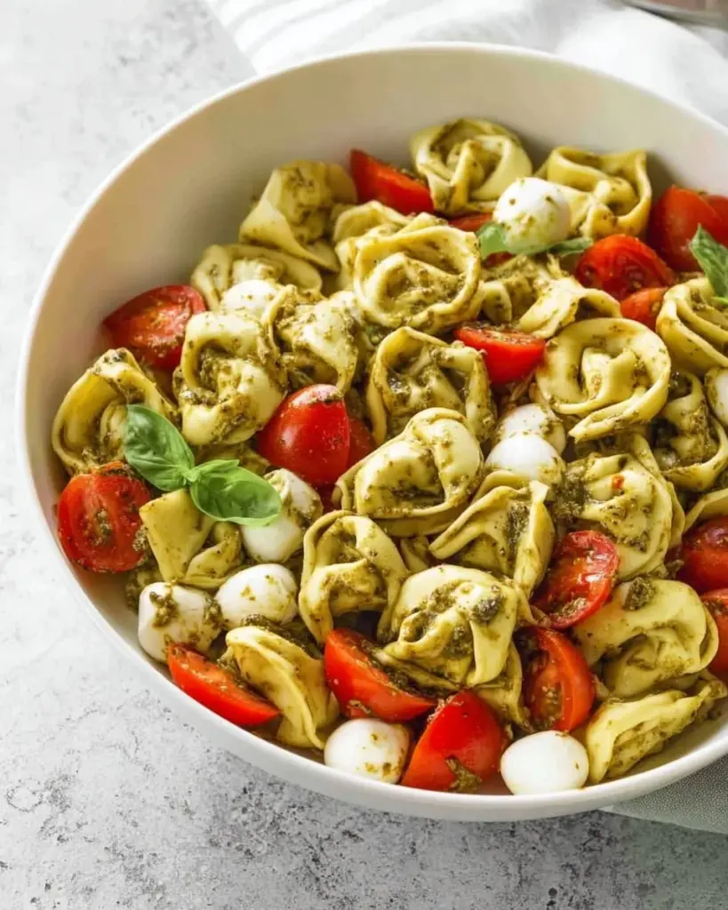 Tortellini mit Pesto und Mozzarella auf einem Teller serviert.