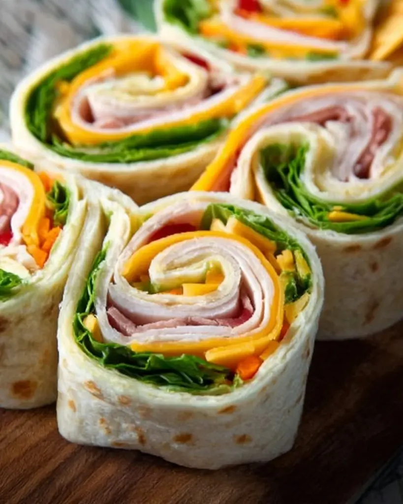 Truthahn und Cheddar Roll-Ups auf einem Teller, appetitlich angerichtet