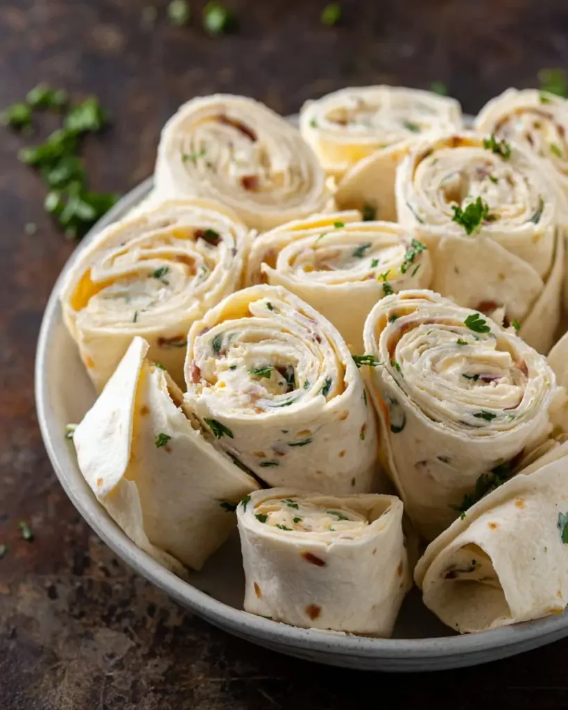 Türkische Speck-Ranch-Pinwheels auf einem eleganten Teller serviert.