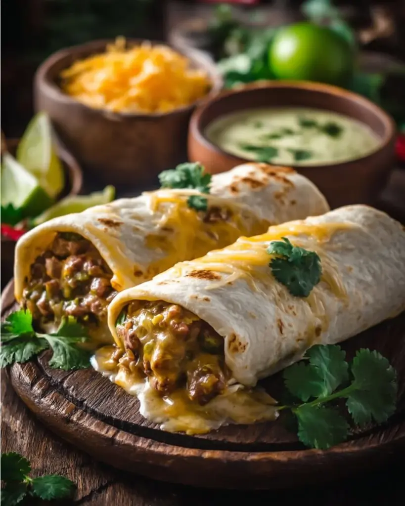 Überbackene grüne Chili-Burritos mit Käse überbacken