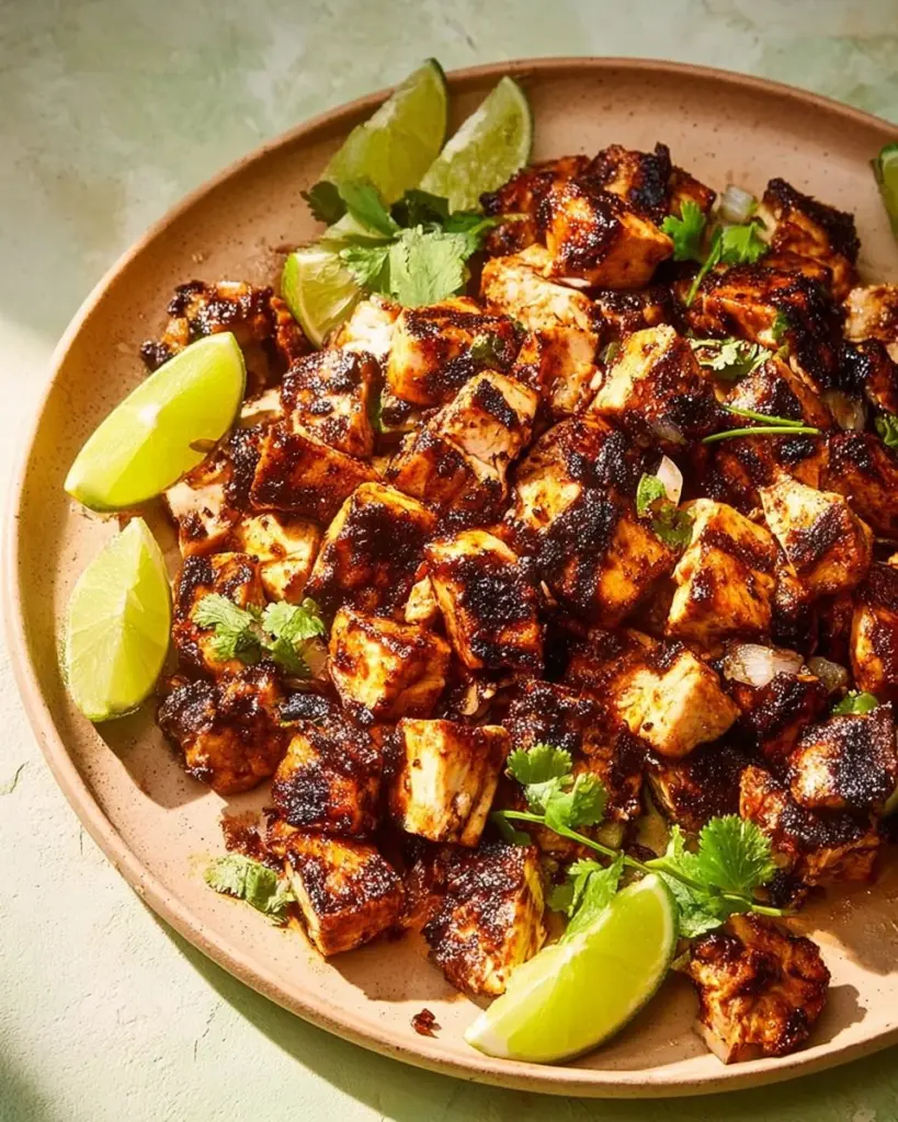 Gegrillte Hähnchentacos mit verbrannter Chile-Marinade, serviert auf einem Teller.
