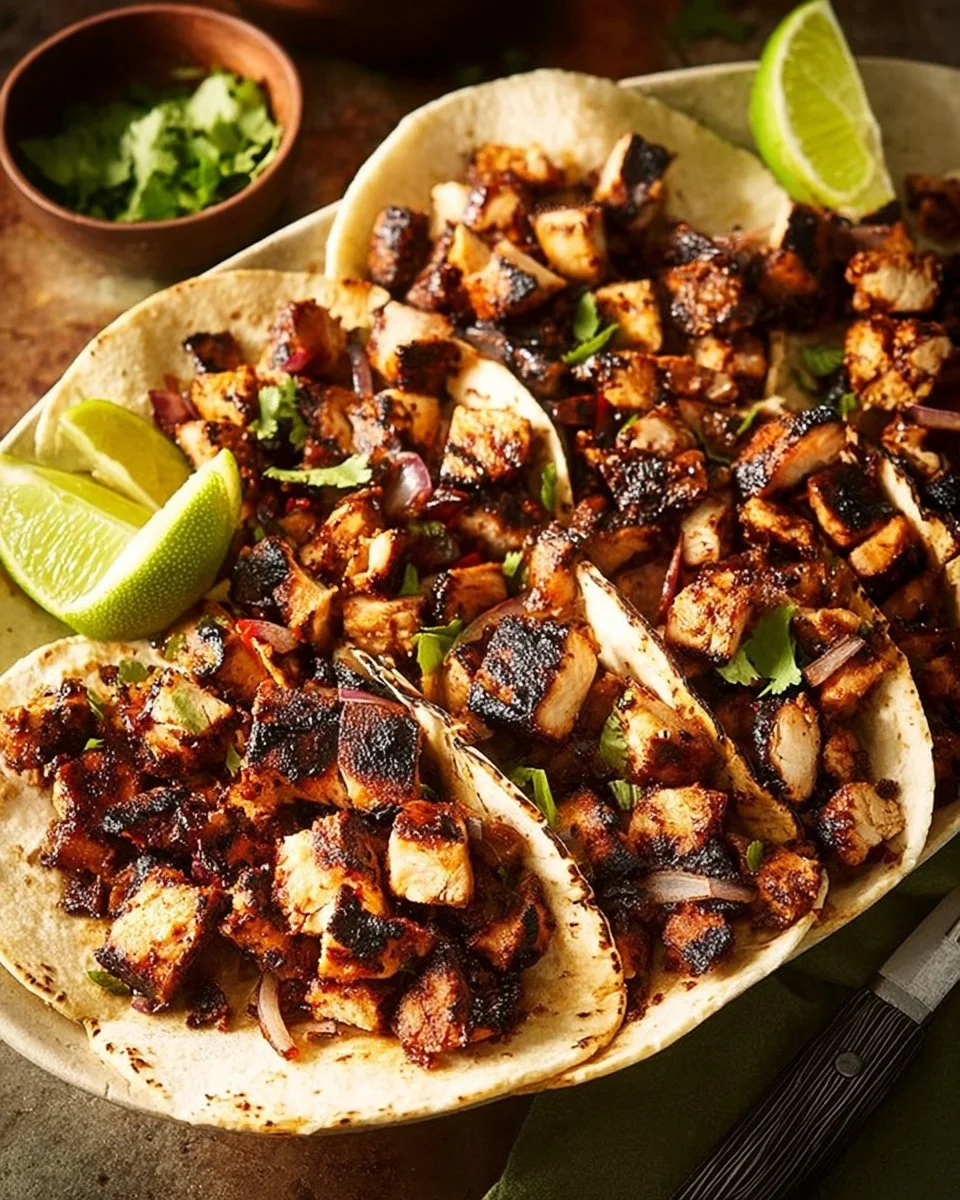 Verbrannte Chile-marinierte gegrillte Hähnchentacos